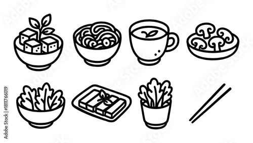 Icon set of asian cuisine dishes with noodles, tofu, soup, and vegetables