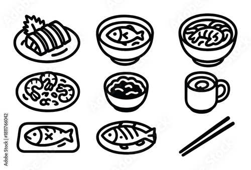 Black and white icons of various japanese dishes including sushi and ramen