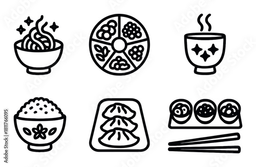 Asian cuisine icons featuring noodles, tea, rice, dim sum, sushi