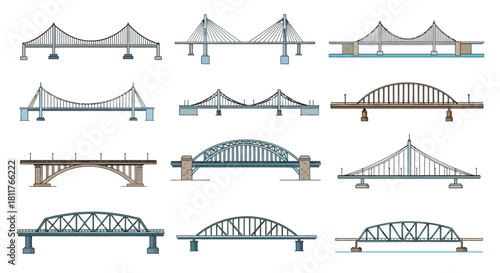 A diverse set of bridge icons showcasing various architectural designs like suspension, arch, and truss structures in a flat line style