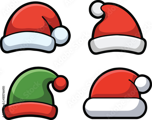 Four assorted christmas and elf hats isolated on white background