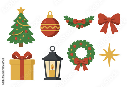 Festive christmas decorations: trees, ornaments, wreaths, and lantern