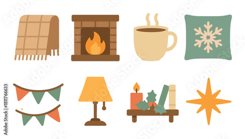Cozy winter icons featuring fireplace, hot chocolate, and holiday decorations
