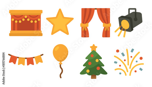 Festive theater elements: stage, star, curtain, spotlight, garland, balloon, christmas tree, fireworks