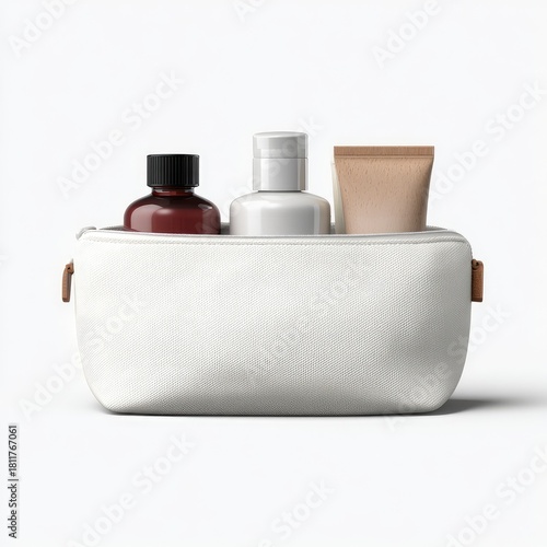 White canvas cosmetic travel bag with three bottles of toiletries inside