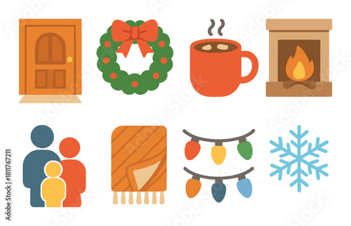 Cozy winter symbols: door wreath hot cocoa fireplace family scarf lights snowflake
