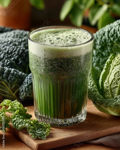Fresh green juice with leafy greens on kitchen table