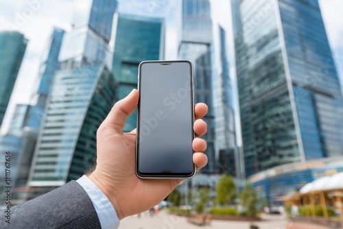 Business smartphone mock up in hand with city skyscrapers