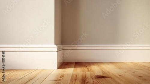 Minimalist indoor corner with light wood flooring, white and beige walls meeting at right angles,