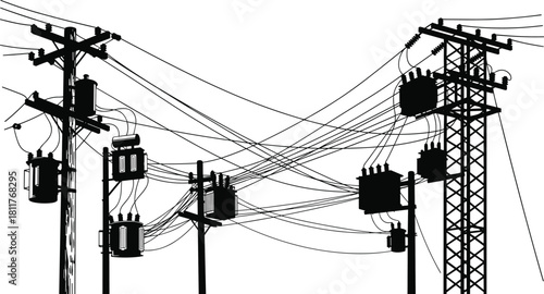 Silhouette vector illustration of interconnected utility poles and electrical transformers—dense power distribution infrastructure for engineering, planning, urban grid, and technical reference