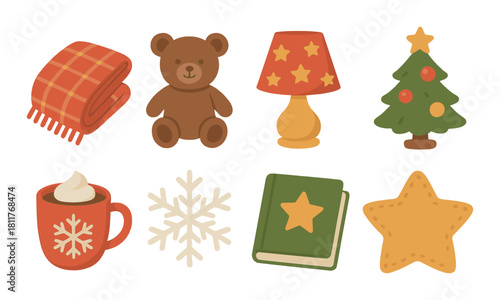 Cozy winter icons with blanket, teddy bear, lamp, christmas tree, mug, snowflake, book, and star