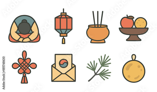 Traditional korean icons set including lantern, incense, and food offerings