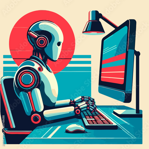 vector illustration of a humanoid robot sitting at a desk