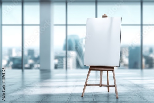 Blank Canvas of Opportunities: An empty easel stands proudly in a sunlit, modern office space, poised before panoramic city views, symbolizing endless possibilities and creative potential.