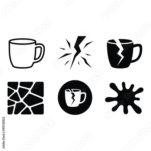 Collection of broken mug icons and shattered glass elements