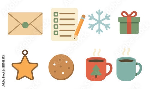 Holiday icons: mail, checklist, snowflake, gift, star, cookie, christmas mugs