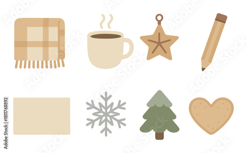 Cozy winter icons collection: blanket, hot drink, star, pencil, snowflake, tree, heart