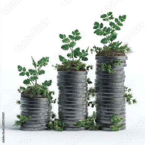 Stacks of coins, growing plants