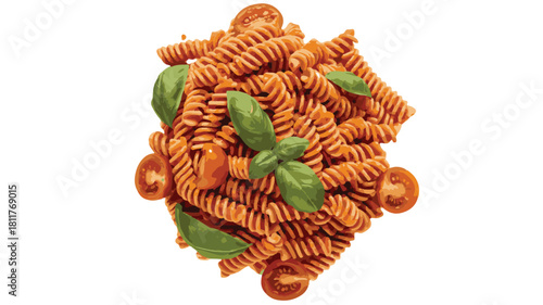 Fusilli Pasta with Tomato Sauce Cherry Tomatoes and Basil Leaves on White Background rotini
