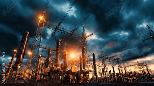 Power station at dusk with dramatic clouds and glowing lights illuminating energy infrastructure