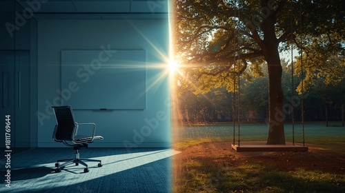 Work-Life Balance Concept – Rolling Office Chair vs Tree Swing in Sunlight