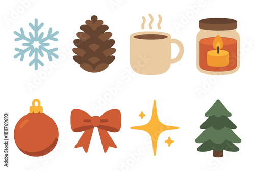 Winter symbols: snowflake, pinecone, coffee, candle, ornament, bow, star, tree
