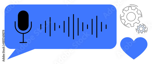 Microphone with sound waves, gears, and heart symbolizing voice recognition, technology, love for progress. Ideal for innovation, interaction, creativity, AI sound engineering development digital