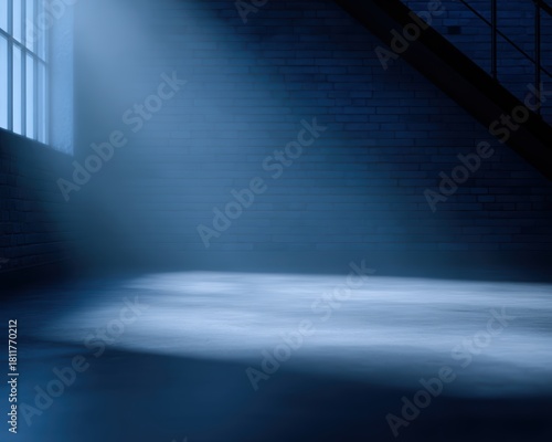 industrial loft with exposed brick and metal accents, close-up shot, cool futuristic blues, advertising mood, controlled studio lighting, clean background for typography, generic props only