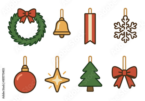 Festive christmas decorations featuring wreaths, bells, and ornaments