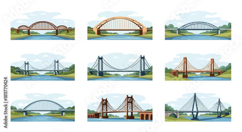 Collection of Diverse Bridge Designs Crossing Waterways Amidst Greenery