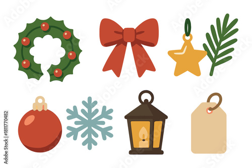 Festive christmas ornaments and decorations featuring wreaths, bows, and lanterns