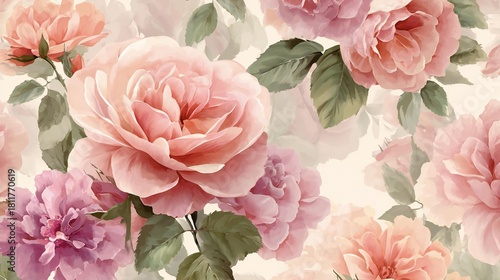 Blush Pink Rose & Peony Watercolor Floral Pattern
