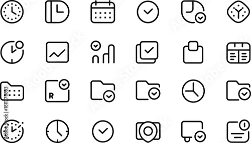 Set of hand drawn business and time management icons representing productivity scheduling and task completion on white background