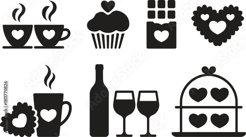 Valentine Dessert & Drink Icons – Coffee, Tea, Cupcake, Chocolate Box and Wine Set