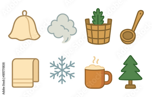Cozy sauna icons featuring bell, steam, bucket, ladle, towel, snowflake, drink, tree