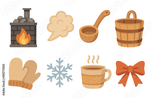 Cozy sauna icons with fireplace, steam, ladle, bucket, mittens, snowflake, mug, bow