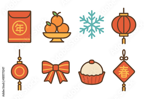 Festive chinese new year icons: lanterns, oranges, symbols, ribbon, ornament