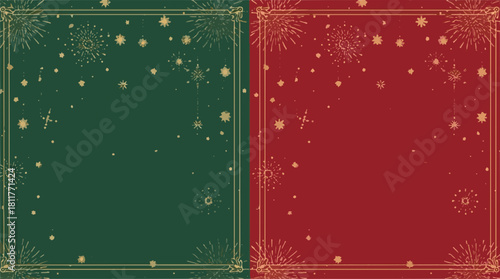 Vector Template Luxury christmas invitation card art deco design vector. Christmas tree, snowflake, firework line art, watercolor on green and red background 
