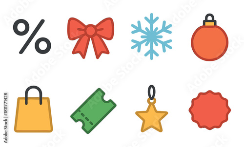 Colorful holiday symbols featuring bows, snowflakes, and stars