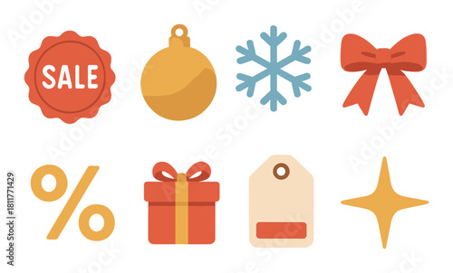 Festive holiday icons: sale badge, ornament, snowflake, bow, percentage, gift, tag, star