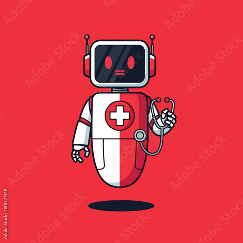 A cute cartoon doctor robot character with a stethoscope and medical cross symbol.