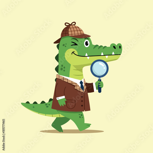 A charming cartoon alligator detective in a brown coat and plaid hat winking and holding a magnifying glass.