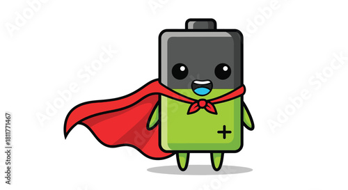 A cute green battery superhero character with a flowing red cape and a happy face.
