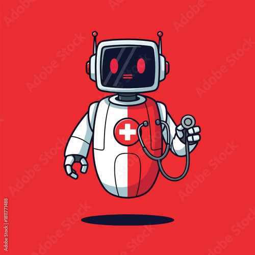 A cute floating medical assistant robot character holding a stethoscope.