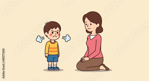 Angry Boy with Steam and Calm Mother Kneeling.