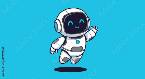 Adorable cartoon robot character in a white suit smiling and waving cheerfully.