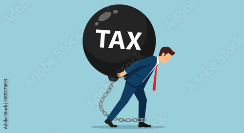 Burdened Businessman Carrying Heavy Tax Ball and Chain.
