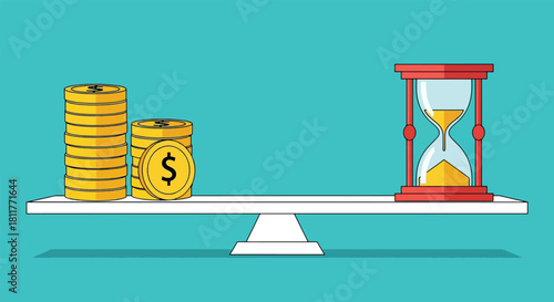 Balance of Time and Money Hourglass and Gold Coins on a Scale.