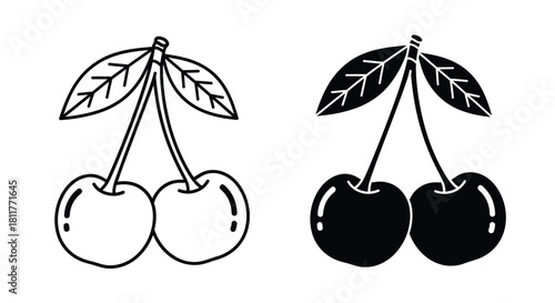 Two pairs of cherries one outlined one solid black side by side