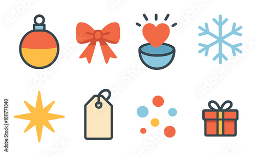 Festive symbols: ornaments, bow, heart, snowflake, star, tag, dots, gift box